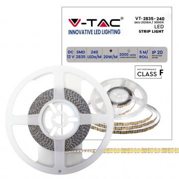 V-TAC 1200LED bande led strip 12V 20W/m SMD2835 5M Haute luminosité 2000lm/m 3000K IP20 sku 212164