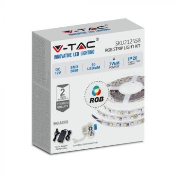 V-TAC VT-5050 LED-Streifen-Set, RGB-Streifen, SMD5050, 10 W/m, dimmbar, Rolle mit 5 Metern, 60 LEDs/m, Fernbedienung und Netzteil, IP20, SKU 212558