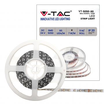 V-TAC VT-5050 LED Strip 300LED 7W/M 24V SMD5050 Multicolour RGB IP20 5MT 10mm - 212591