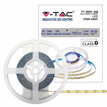 V-TAC VT-2835 Strip 238led/m 24V 18W/m SMD2835 135lm/W 5M blanc naturel 4000K IP20 - SKU 212600