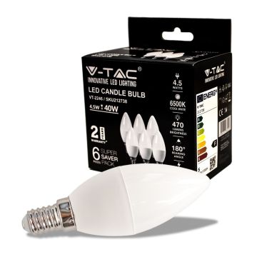 V-TAC VT-2246 Lampadina LED candela SMD 4.5W E14 bianco freddo 6500K - box 6 pz SKU 212738