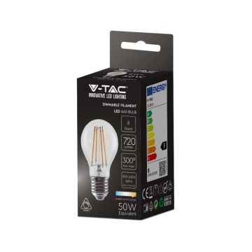 V-TAC VT-2288D Ampoule led dimmable 8W E27 3000k A67 lampe à incandescence en verre transparent sku 212815