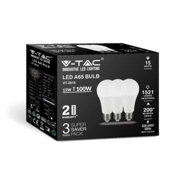V-Tac VT-2015 LED bulb E27 A65 15W cold white 6500K - Box 3 pieces - sku 212818
