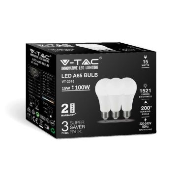 V-TAC VT-2015 Ampoules LED SMD A65 15W E27 Blanc chaud 2700K KIT Super Saver Pack 3PCS/PACK - SKU 212819