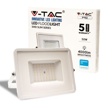 V-TAC PRO VT-50-W-N Faro led 50W chip Samsung SMD bianco caldo 3000K 4000LM 100° slim alluminio bianco IP65 - SKU 21409