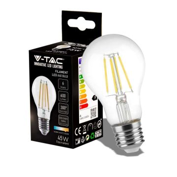 V-Tac VT-1887 LED-Glühlampe 6W Filament E27 A60 3000K 300° 600LM - 214272