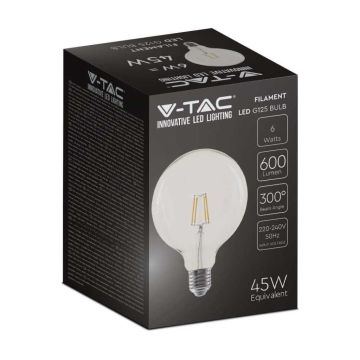V-TAC VT-1983 Ampoule Led Globe 6W filament transparent E27 G125 lumière blanc chaud 3000K - 214304