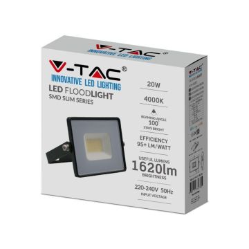 V-TAC VT-4021 E-Series 20W lumière du jour blanc 4000K smd projecteur led ultra slim noir 1620lm IP65 - sku 215947
