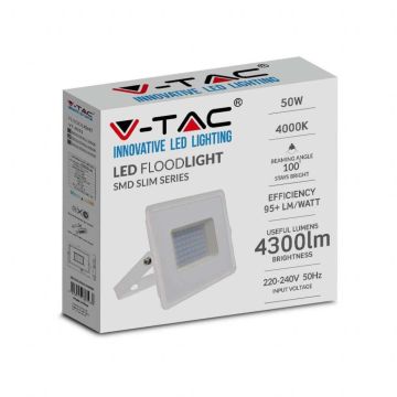 V-TAC VT-4051 Projecteur LED 50W Série E super slim G2 corps blanc lumière blanche naturelle 4000K IP65 - sku 215962