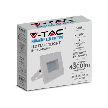 V-TAC VT-4051 50 W LED-Flutlicht E-Serie, superflach, G2, weißes Gehäuse, kaltweiß, 6500 K, IP65 – Artikelnummer 215963