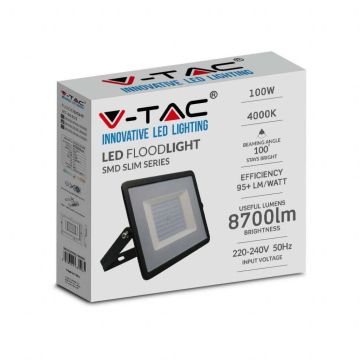 V-TAC VT-40101 100W led floodlight smd black body - natural white light 4000K E-Series ultra slim IP65 - sku 215965