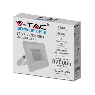 V-TAC VT-40101 100W projecteur LED E-Series super slim Blanc IP65 blanc froid 6500K - SKU 5969