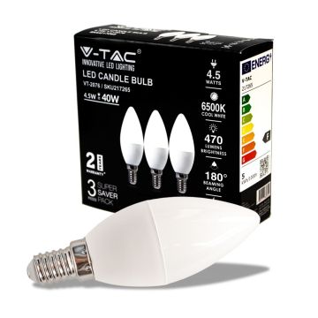 V-Tac set 3 pezzi Lampadina LED Candela SMD 4.5W E14 Bianco Freddo 6500K - box 3 pcs SKU 217265