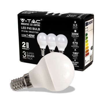 V-TAC kit 3PCS/PACK Lampadina Mini globo LED SMD P45 4,5W E14 Bianco caldo 2700K 105lm/w VT-2156 - SKU 217357