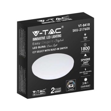 V-TAC VT-8418 Plafoniera led 18W rotonda bianca color change 3in1 CCT switch interno cover opaca satinata IP20 - sku 217605