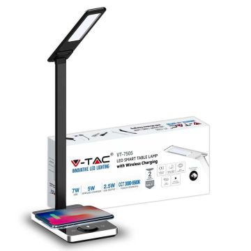 V-TAC VT-7505 7W LED table lamp multifunction light color 3in1 dimmable with wireless charging base black body - SKU 218602