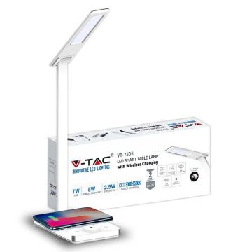 V-TAC VT-7505 7W LED-Tischlampe mit Touch-Farbwechsel 3in1 dimmbar mit kabelloser Ladestation, weißes Gehäuse - SKU 218603