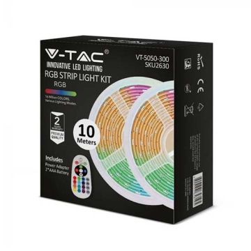 V-TAC VT-5050-300 led strip set 300LEDs RGB SMD5050 10M 4,8W/M 12V IP20 + remote controller + power supply - sku 2630