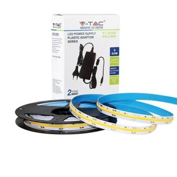 V-TAC Kit bande LED strip led COB 24V 280LEDs/m 5m blanc chaud 3000K IP20 + alimentation stabilisée - SKU 2673