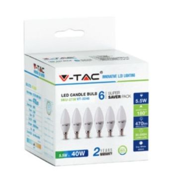 KIT Super Saver Pack V-TAC VT-2246 6PCS/PACK Ampoule LED bougie 5,5W E14 blanc chaud 2700K - sku 2736