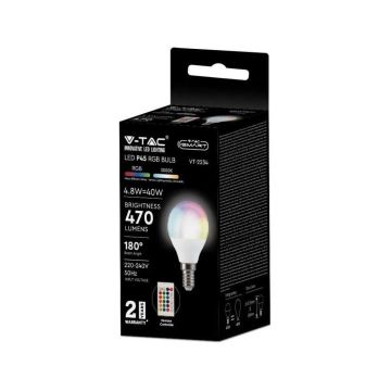 V-TAC SMART VT-2234 LED bulb E14 4.8W P45 RF RGB+W dimmable warm white 3000K with remote control - sku 2766