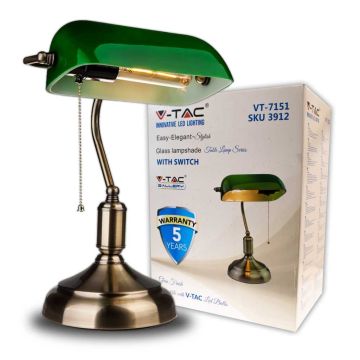 V-TAC VT-7151 Banker bakelite Table Lamp with pull chain control E27 holder green glass shade - sku 3912