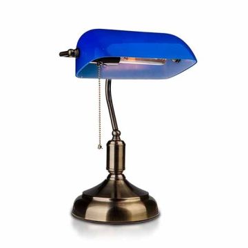 V-TAC VT-7151 Banker bakelite Table Lamp with pull chain control E27 holder blue glass shade - sku 3913