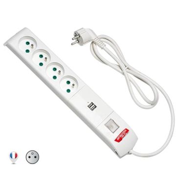 Multiprises FIDO 4 prises standard français std. 2P+E 16A 2xUSB 5V 2,1A avec interrupteur antibactérien par Biocote contre 99% des virus Fanton 4201502FRAB