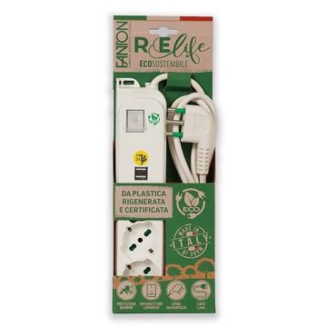 Multisocket OMEGA ECO 3 sockets schuko Italian/German 2P+T 16A + 2 USB-A 5V 2,1A cable 1,5m plug italian std. 2P+T 16A with switch Fanton 47450ECO