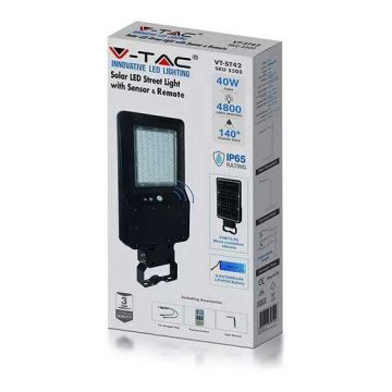 V-TAC VT-ST42 40W LED solar street light with sensor black body and IR remote control day white 4000K IP65 - sku 5503