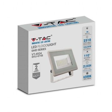 V-TAC VT-4934-W Led floodlight 30W SMD 85LM/W 110° cold white 6400K slim white aluminum IP65 - SKU 6748