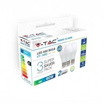KIT Super Saver Pack V-TAC 3PCS/PACK Ampoule LED SMD A60 9W E27 VT-1900 - SKU 7240 Blanc chaud 2700K