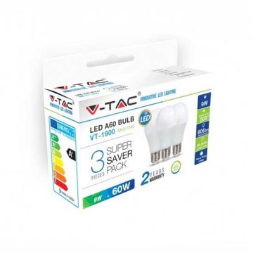 KIT Super Saver Pack V-TAC 3PCS/PACK LED BULB SMD A60 9W E27 VT-1900 - SKU 7242 cold white 6400k