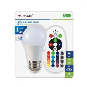 V-TAC VT-2022 Blister pack ampoule LED 6W 470LM RGB+W 3000K avec télécommande - sku 7324