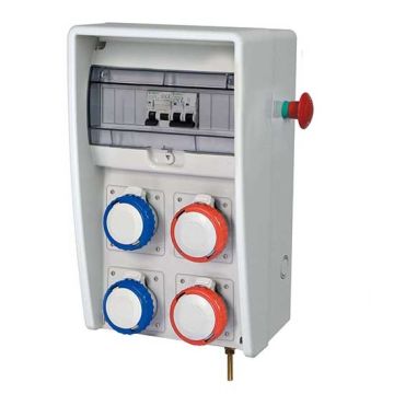 Distribution board Ulisse 250 ASC installed sockets with emergency button 2+2pcs CEE sockets and residual current circuit breakers 9kW Fanton 74325