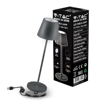 V-TAC VT-7522 Lampe de table LED 2W blanc chaud 3000K avec batterie 4400mA Charge sans fil bouton ON/OFF dimmable tactile couleur gris IP54 - SKU 7653