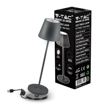 V-TAC VT-7522 2W LED table lamp Wireless Charging warm white 3000K with 4400mA battery touch Dimming and on/off grey body Waterproof IP54 - SKU 7653