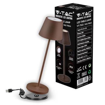 V-TAC VT-7522 Lampe de table LED 2W blanc chaud 3000K avec batterie 4400mA Charge sans fil bouton ON/OFF dimmable tactile couleur corten IP54 - SKU 7654