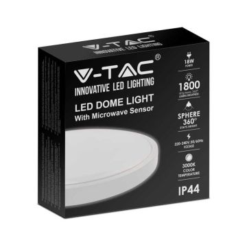 V-TAC VT-8618S-W-RD Plafoniera led 18W sensore di movimento microonde integrato IP44 rotonda bianca 360° 3000K - sku 7659