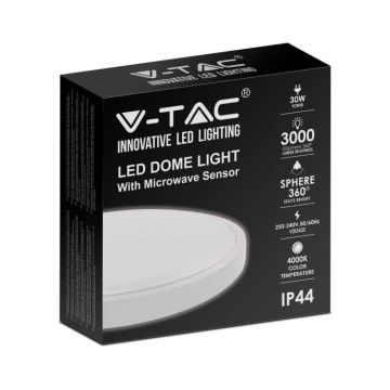 V-TAC VT-8630S-W-RD plafonnier led 30W micro-onde intégré détecteur de mouvement IP44 rond blanc 360° 4000K - sku 7665