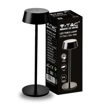 V-TAC VT-7562 2W Black LED Table Lamp in Aluminum USB Rechargeable with Touch Dimmable IP54 3000K sku 7690