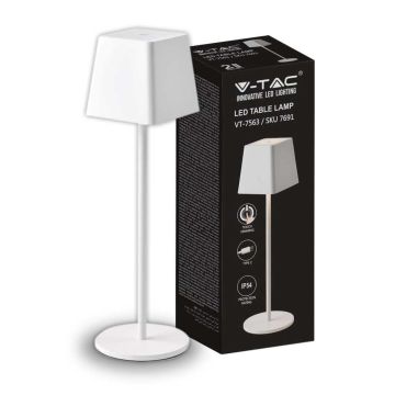 V-TAC VT-7563 Lampe de table LED Poldina 2W blanc chaud 3000K avec batterie 4400mA bouton ON/OFF tactile dimmable couleur blanche IP54 - SKU 7691