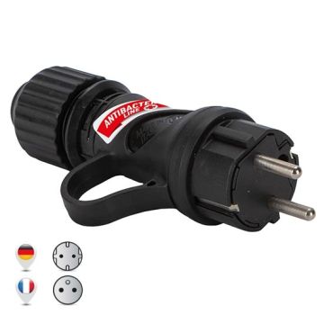 Stecker französisch/deutsch std. 2P+E 16A IP44 schwarzer Körper mit Gummiabdeckung Antibakteriell durch Biocote gegen 99% der Viren Fanton 80052AB