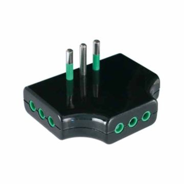 Flat three-way black adaptor plug italian std. 2P+E 10A 3 sockets italian std. 2P+E 10A Fanton 82251