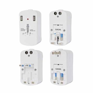 V-TAC Universal adapter travel + 2 usb charger 2A color white standard US,UK,EU plug - sku 8704