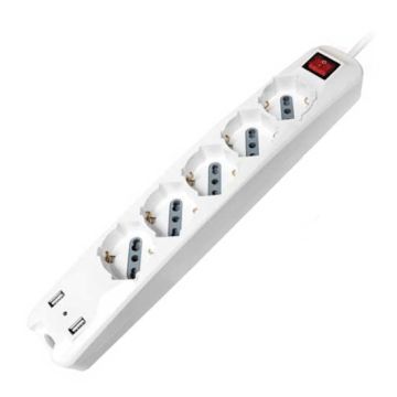 V-TAC Power Strip 5 Schuko Outlet 10/16A 3500W + 2 usb charger 2.1A 1,5mt cable on/off light switch - sku 8712