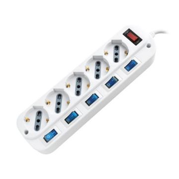 V-TAC Power Strip Italian standard outlet 5 Schuko 10/16A on/off light Independent Switches Overload Protector - sku 8738