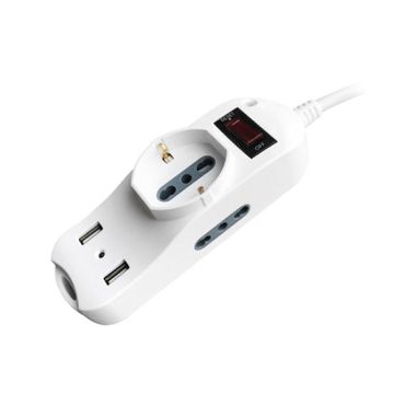 V-TAC Power Strip outlet 1 Schuko 10/16A + 2 plugs 10/16A Italian standard + 2 usb charger 2.1A Overload Protector - sku 8734