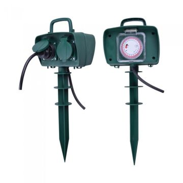 V-TAC VT-1112-3 Prise extérieure 2 voies Garden Spike 16A avec minuterie mécanique EU standard corps vert IP44 - SKU 8811