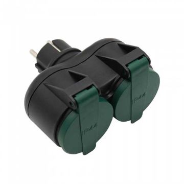 V-TAC VT-1102-2 prise extérieure 2 voies adaptateur 16A EU standard IP44 noir + vert - SKU 8812